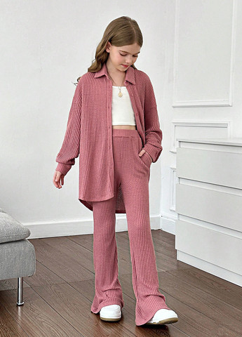 Рожево-коричневий демісезонний костюм (сорочка, штани) з сорочкою, брючний SHEIN