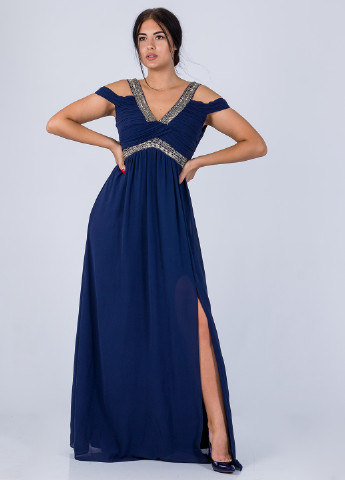 Темно-синее вечернее платье с открытыми плечами, в стиле ампир Tfnc однотонное