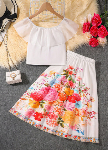 Белый летний комплект (блуза, юбка) SHEIN