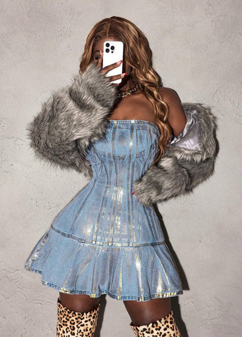 Голубое джинсовое платье клеш, бандо SHEIN