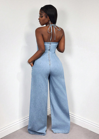 Комбінезон SHEIN комбінезон-брюки однотонний блакитний святковий, джинсовий, кежуал бавовна
