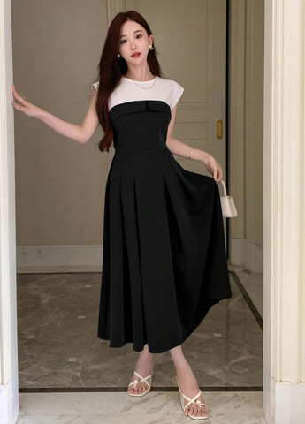 Черно-белое кэжуал платье а-силуэт SHEIN однотонное