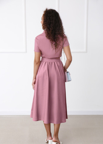 Розовое кэжуал длинное коттоновое платье на пуговицах Fashion Girl однотонное
