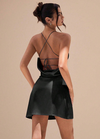 Черное праздничный, коктейльное, вечернее платье платье-комбинация, а-силуэт, с открытой спиной SHEIN однотонное