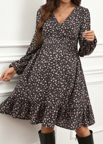 Черное кэжуал платье для беременных с юбкой-солнце, в стиле ампир SHEIN с цветочным принтом