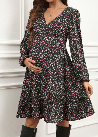 Черное кэжуал платье для беременных с юбкой-солнце, в стиле ампир SHEIN с цветочным принтом