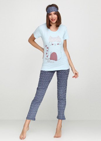 Голубая всесезон пижама (футболка, брюки, маска для сна) Pijamoni