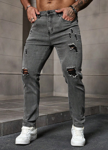 Серые демисезонные зауженные джинсы SHEIN