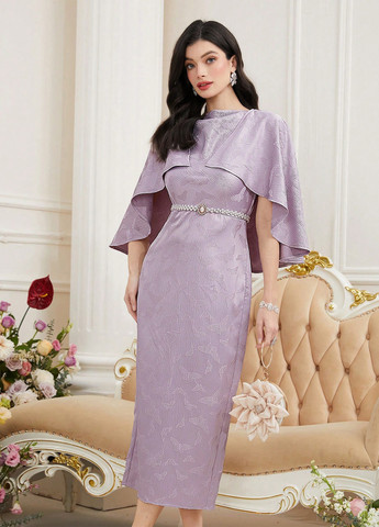 Сиреневое деловое, коктейльное платье платье-кейп, футляр SHEIN бабочки