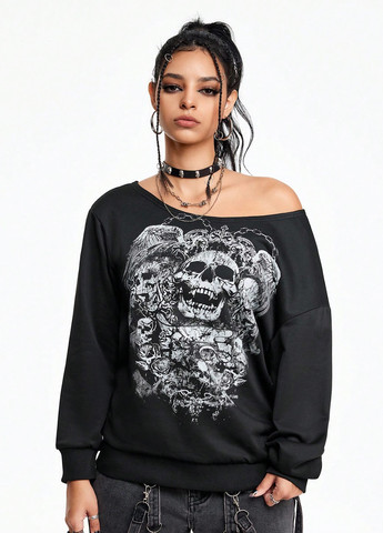 Чорний світшот SHEIN череп без декору (324037292)