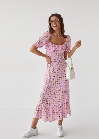 Рожева кежуал довга квіткова сукня з оборкою No Brand з квітковим принтом