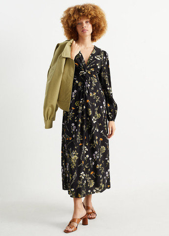 Черное кэжуал платье а-силуэт C&A с цветочным принтом