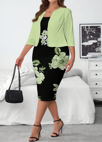 Зеленый летний комплект (кардиган, платье) SHEIN