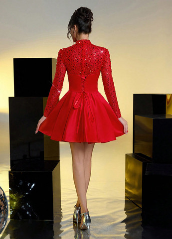 Красное коктейльное платье бэби долл SHEIN однотонное