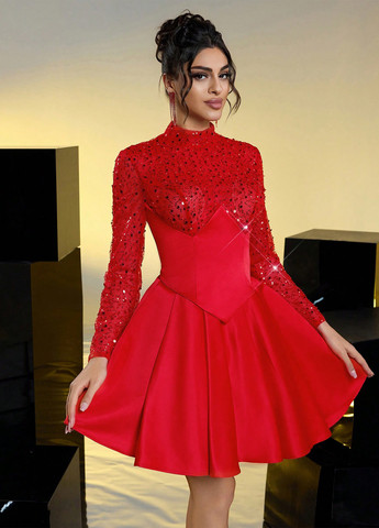 Красное коктейльное платье бэби долл SHEIN однотонное