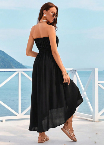 Чорна кежуал, пляжна сукня в стилі армпір, з відкритими плечима, бандо SHEIN однотонна