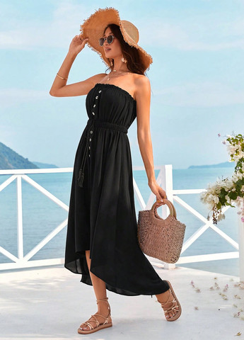 Чорна кежуал, пляжна сукня в стилі армпір, з відкритими плечима, бандо SHEIN однотонна