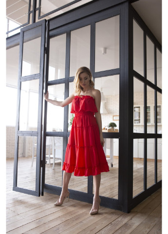 Червона коктейльна сукня аллегра кльош, з відкритою спиною, з пишною спідницею, з відкритими плечима BYURSE однотонна