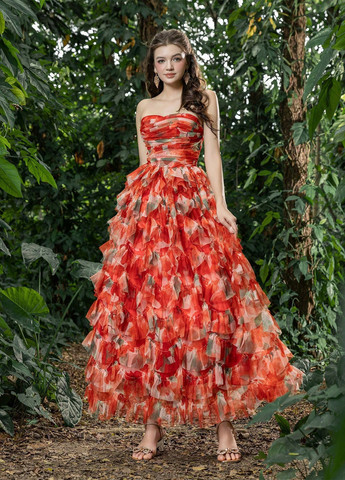 Червона вечірня сукня з пишною спідницею, бандо SHEIN з квітковим принтом