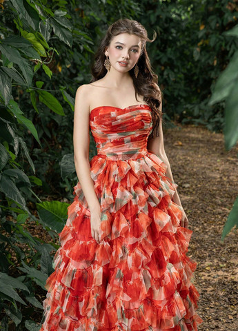 Червона вечірня сукня з пишною спідницею, бандо SHEIN з квітковим принтом