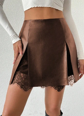 Коричневая коктейльный, кэжуал однотонная юбка SHEIN а-силуэта (трапеция)