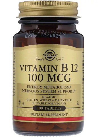 Витамин В12 (Цианокобаламин), Vitamin B12,, 100 мкг, 100 таблеток Solgar (228292955)