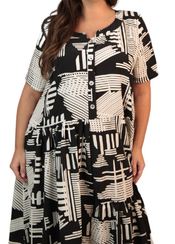 Черно-белое кэжуал платье с абстрактным принтом черно-белое батал art 00076 с пышной юбкой BABOCHKA XL Collection с абстрактным узором