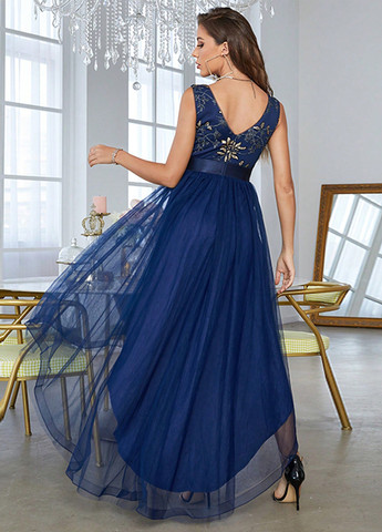 Темно-синее коктейльное платье с пышной юбкой, клеш SHEIN однотонное