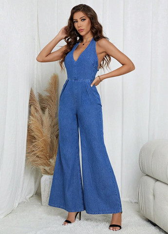 Комбинезон SHEIN комбинезон-брюки однотонный синий денил, кэжуал хлопок, джинс