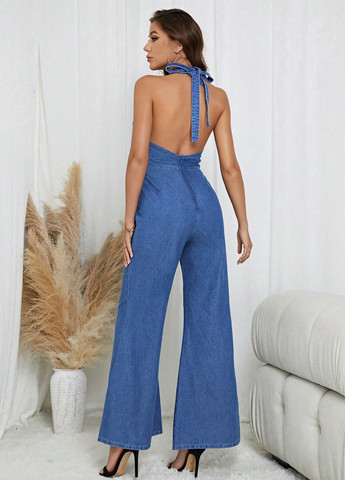 Комбинезон SHEIN комбинезон-брюки однотонный синий денил, кэжуал хлопок, джинс