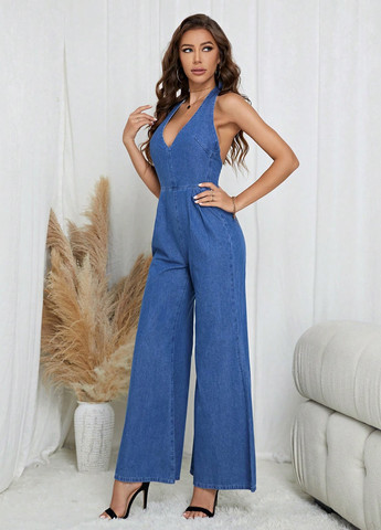 Комбинезон SHEIN комбинезон-брюки однотонный синий денил, кэжуал хлопок, джинс