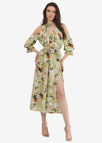 Фисташковое кэжуал платье на запах Lila Kass с цветочным принтом