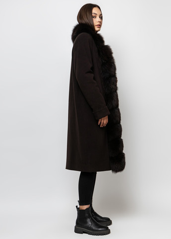 Темно-коричневе зимнє Утеплене жіноче пальто з натуральним хутром песця однобортне O`zona milano