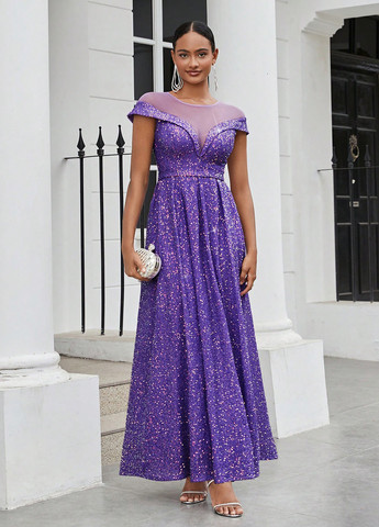 Фиолетовое вечернее платье с юбкой-солнце, в стиле ампир SHEIN однотонное