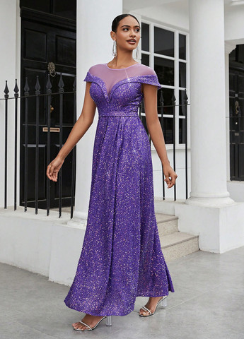 Фиолетовое вечернее платье с юбкой-солнце, в стиле ампир SHEIN однотонное