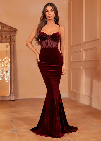 Бордова вечірня сукня годе, зі шлейфом SHEIN однотонна