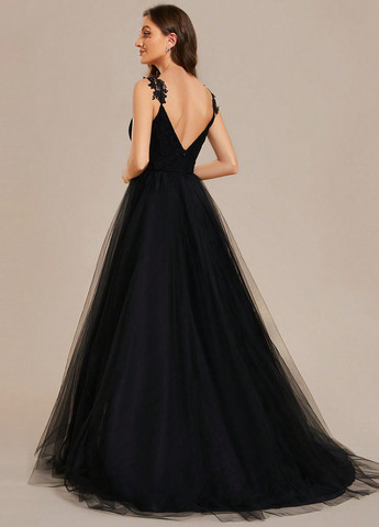 Черное вечернее платье клеш, со шлейфом SHEIN однотонное