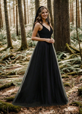 Черное вечернее платье клеш, со шлейфом SHEIN однотонное