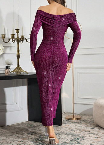 Темно-рожева коктейльна, кежуал сукня з відкритими плечима SHEIN однотонна