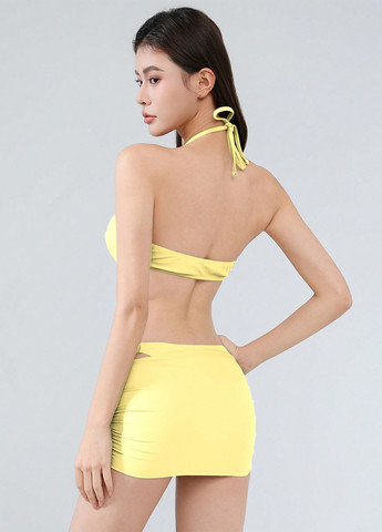 Гірчичний літній купальник (ліф, трусики, спідниця) халтер, роздільний SHEIN