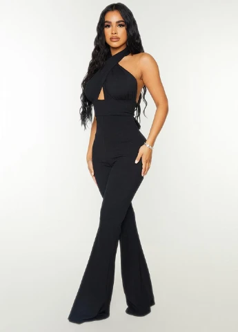 Комбинезон PrettyLittleThing комбинезон-брюки однотонный чёрный коктейльный полиэстер, трикотаж
