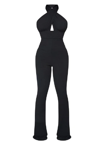 Комбинезон PrettyLittleThing комбинезон-брюки однотонный чёрный коктейльный полиэстер, трикотаж