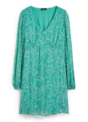 Бирюзовое кэжуал платье а-силуэт C&A с цветочным принтом