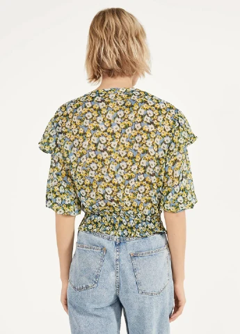 Комбинированная блуза лето,черный в узоры, Bershka