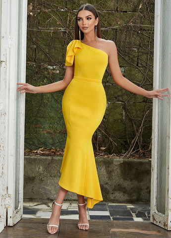 Жовтий коктейльна, святковий сукня на одне плече, годе SHEIN однотонна