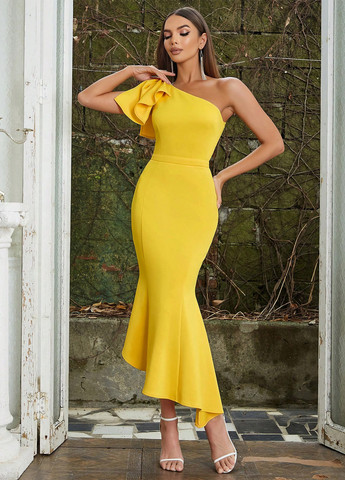 Жовтий коктейльна, святковий сукня на одне плече, годе SHEIN однотонна