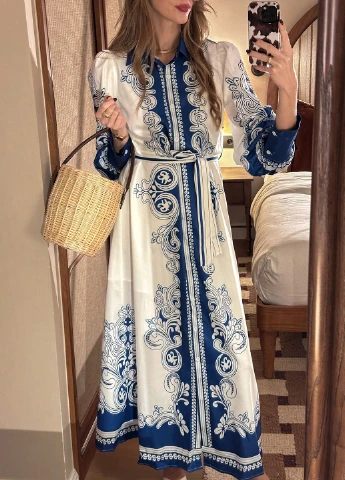 Світло-синя кежуал сукня з спідницею-сонце, сукня-сорочка SHEIN з орнаментом