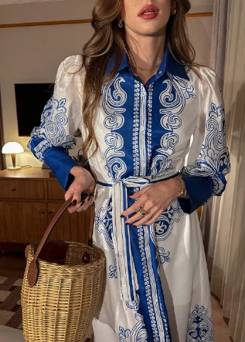 Світло-синя кежуал сукня з спідницею-сонце, сукня-сорочка SHEIN з орнаментом