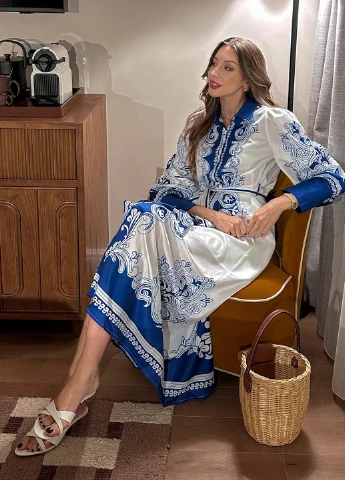 Світло-синя кежуал сукня з спідницею-сонце, сукня-сорочка SHEIN з орнаментом