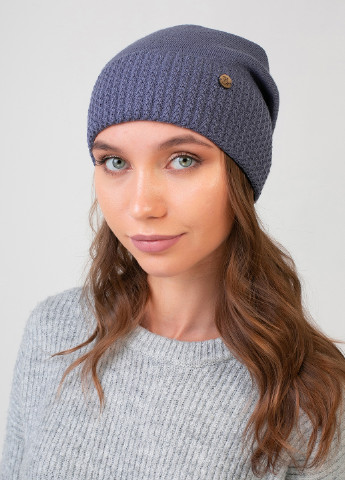 Теплая зимняя шерстяная женская шапка с отворотом на флисовой подкладке 550399 DeMari 77 Ненси бини однотонная синяя кэжуал шерсть